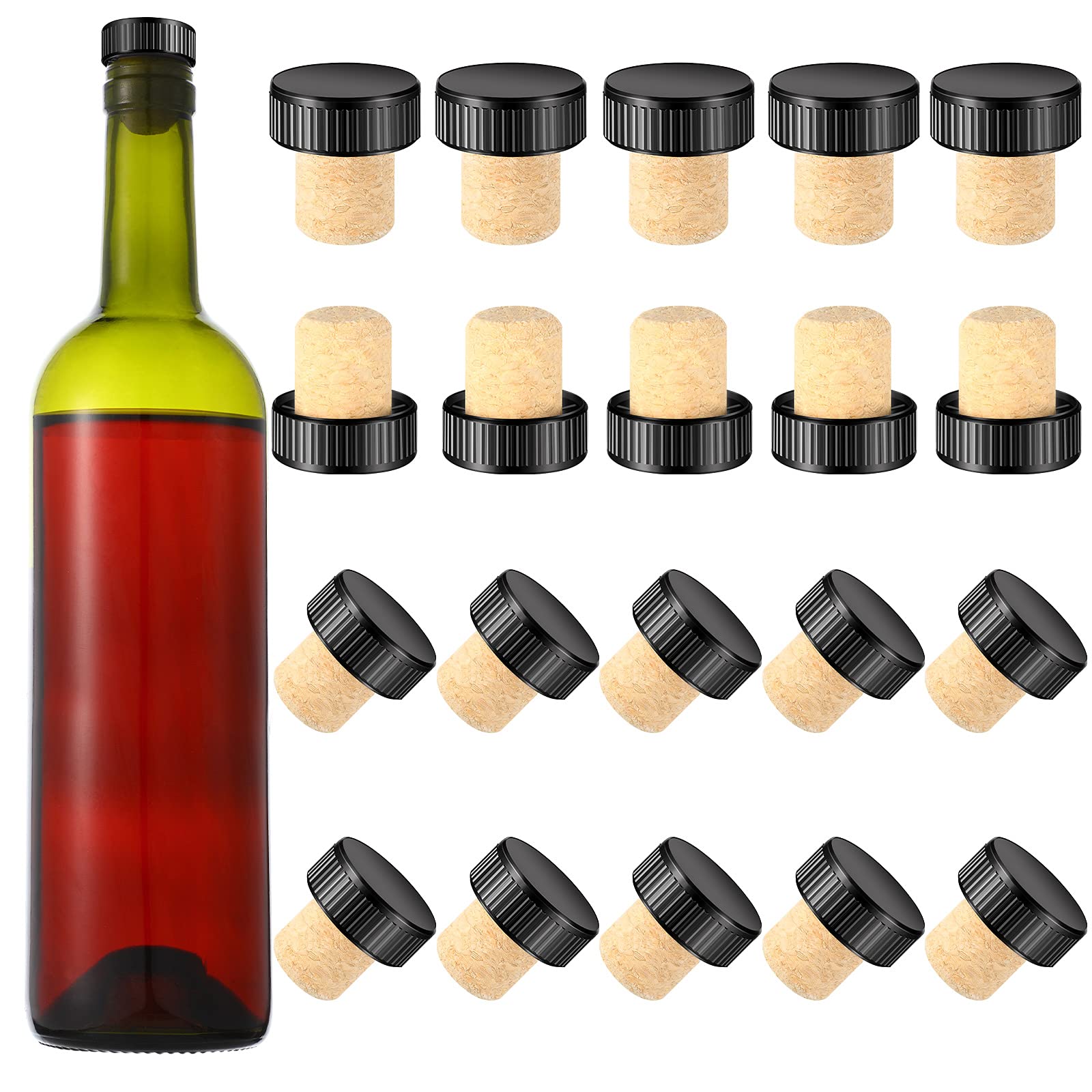 Photo 1 of 24 Pieces Cork Plugs Stoppers Tasting T-shape Wine Corks with Plastic Top Wooden Wine Bottle Stopper Bottle Plugs Replacement for Beer, Glass Bottles(Black)