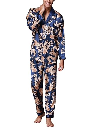 Dolamen Herren Schlafanzug, Satin Retro Druck Lang Zweiteiliger Pyjamas Frühling Sommer, Herren Schlafanzug mit Überprüfen Si