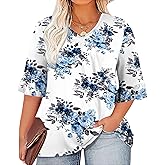 Chulianyouhuo Womens Plus Size Tops 3/4 Sleeve Casual Shirts V Neck Ruffle Loose Fit Tunic Blouse XL-5X