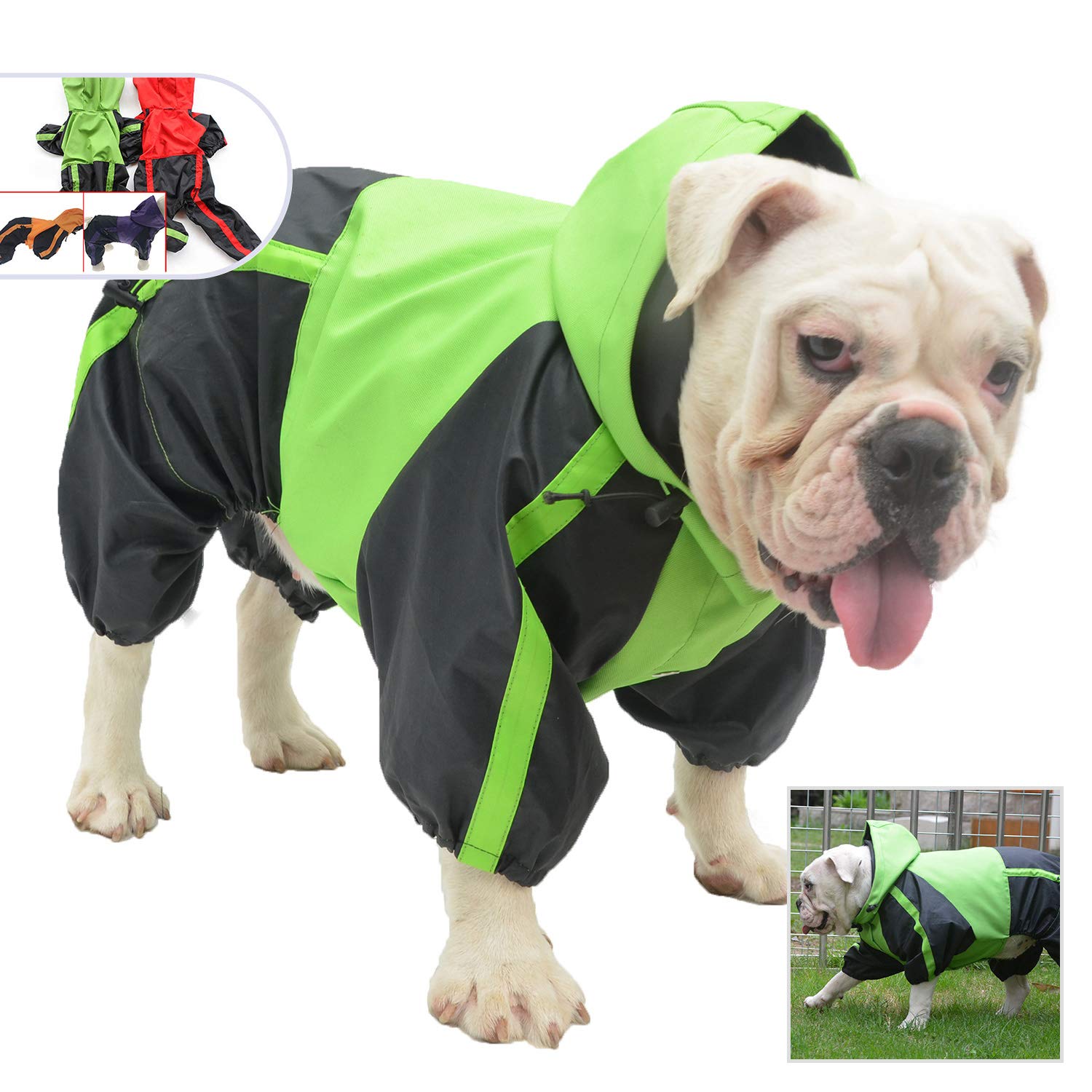 Lovelonglong American Bully Pitbull Dog Hooded Raincoat, Bulldog Rain Jacket Poncho Waterproof Clothes with Hood Breathable 4 Feet Four Legs Rain Coats for Pugs English French Bulldog Green B-M