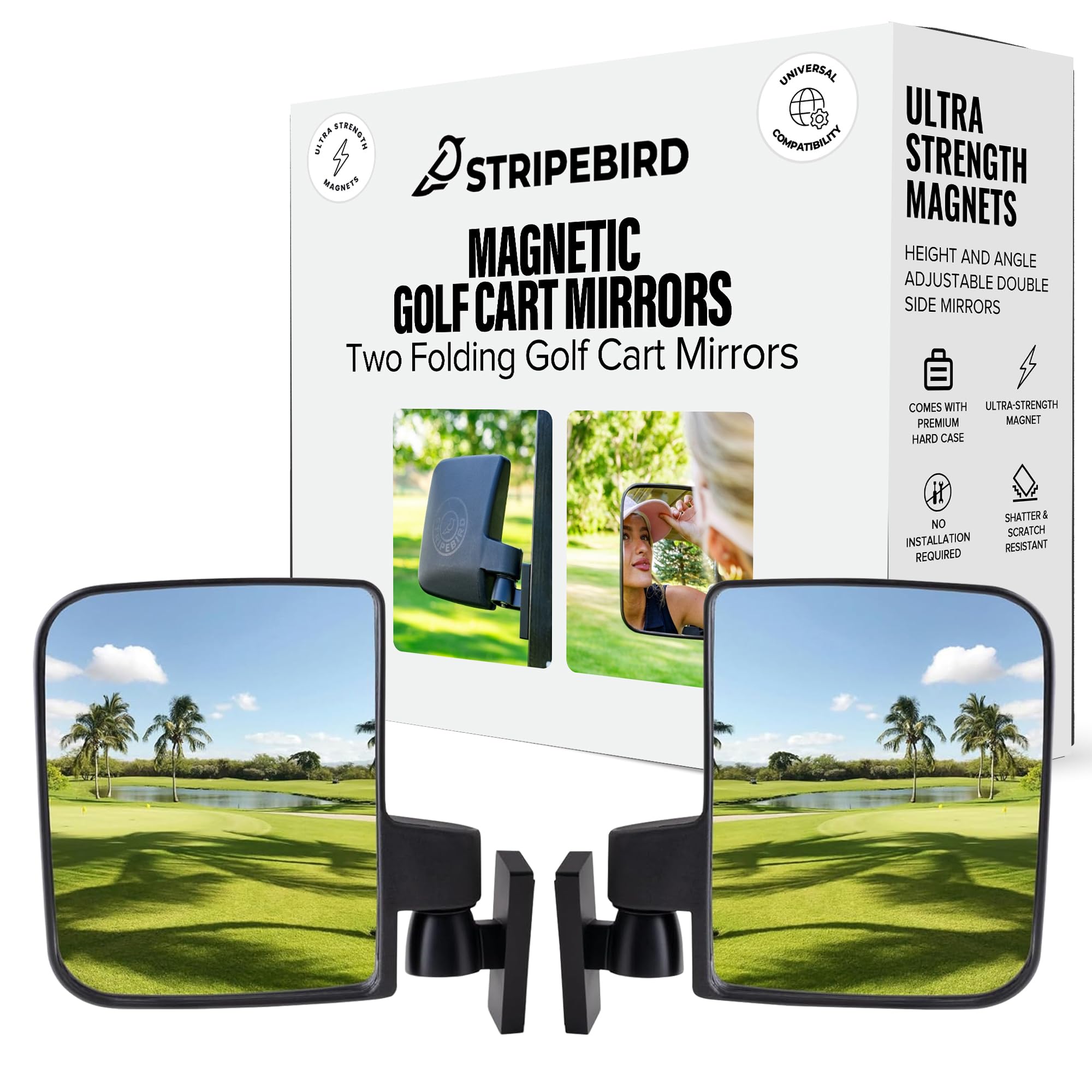 Photo 1 of Stripebird - Magnetic Golf Cart Mirrors 2.0 (Black) - No Drilling - Ultra-Strength Magnet - 2 Folding Side Mirrors - EZ Go Accessory - Club Car Accessory - Golf Cart Accessory
