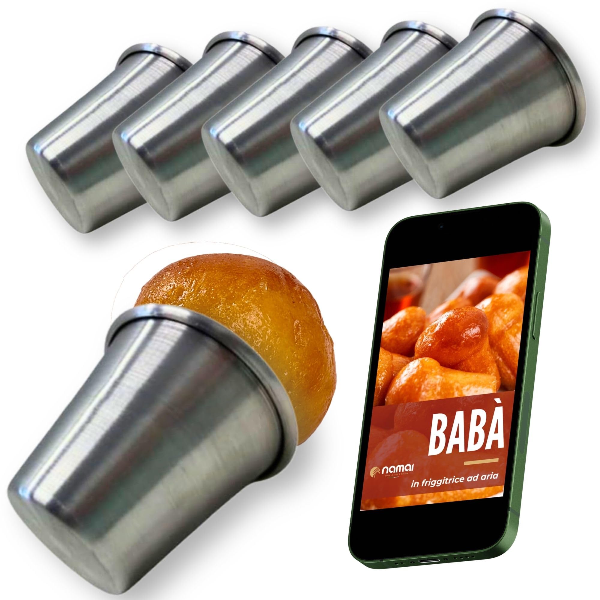 NAMAI - Set of 6 Rum Baba Moulds, 6 CM Diameter x 6 CM Height, Non-Stick Aluminium, Dishwasher Safe, Suitable for Air Fryers, Made in Italy