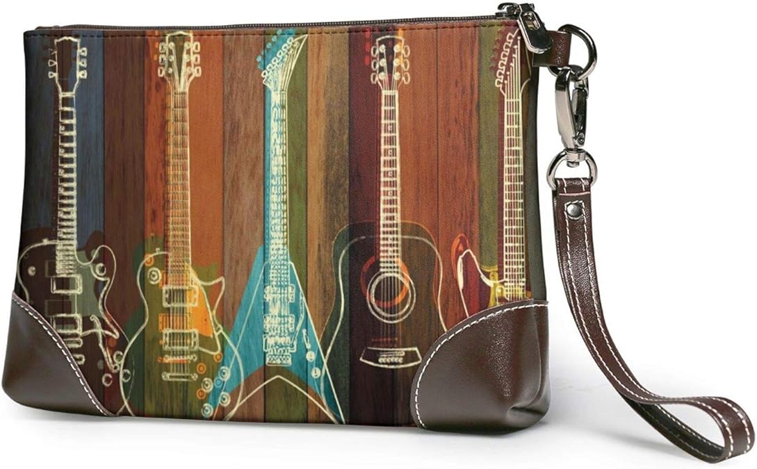 Guitars Art Printed Clutch Purse Detachable Leather Wristlet Wallet Bag