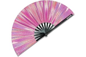 Ravevibes 13" Large Glitter Holographic Rave Hand Fan, Folding Lridescent Festival Edm Clack Fan Foldable for Rave Outfits Accessories Festival, Club, Party, Dance for Men Women, Glitter Pink