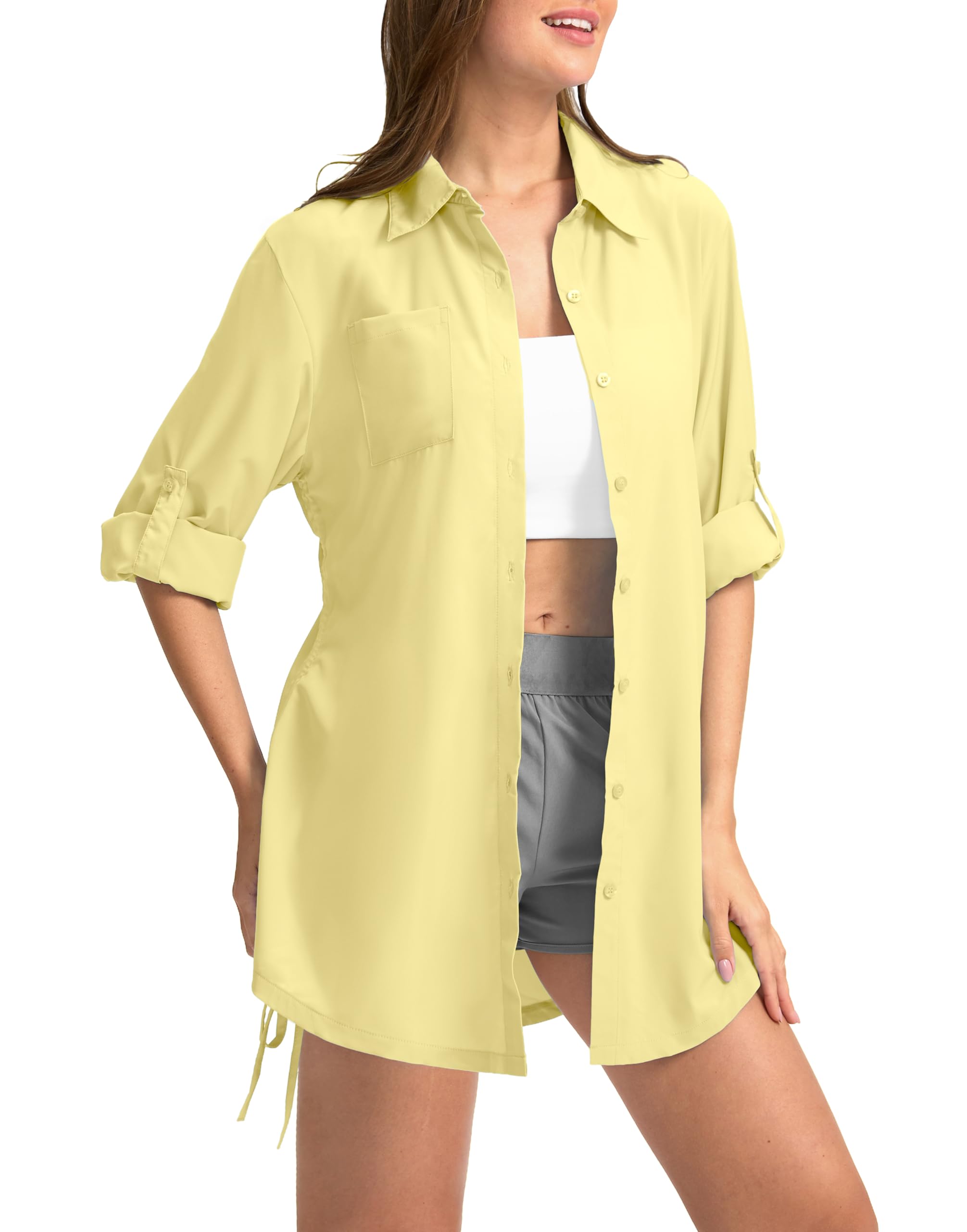 Photo 1 of (BAGGED) (USED/FAIR) (LARGE/MED) Women's UPF 50+ Long Sleeve UV Sun Protection Shirts Fishing Hiking Button Down Dress Shirt Swim Cover Up for Women(Light Yellow, M)
