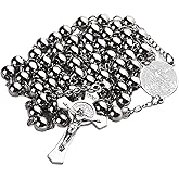 HELLOWIN 6mm Beads Stainless Steel Saint Benedict and Crucifix Cross Pendant Rosary Necklace with Gift Box
