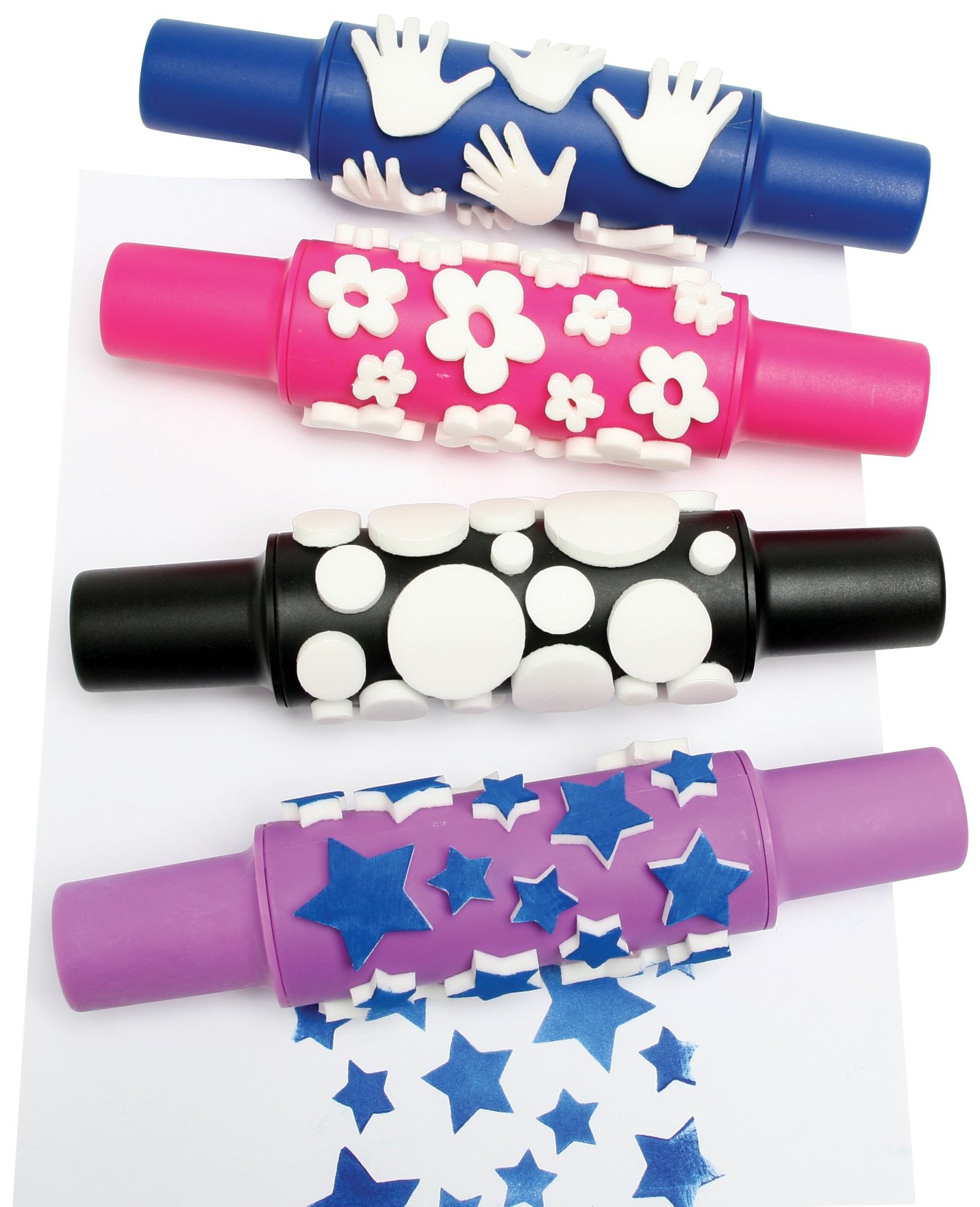 READY 2 LEARNPaint Rollers - Creative - Set of 4 - Reusable Art Supplies for Kids - Set 2 - Flowers, Stars, Hands and Polka-Dots - Arts Tools for Posters and DIY Projects