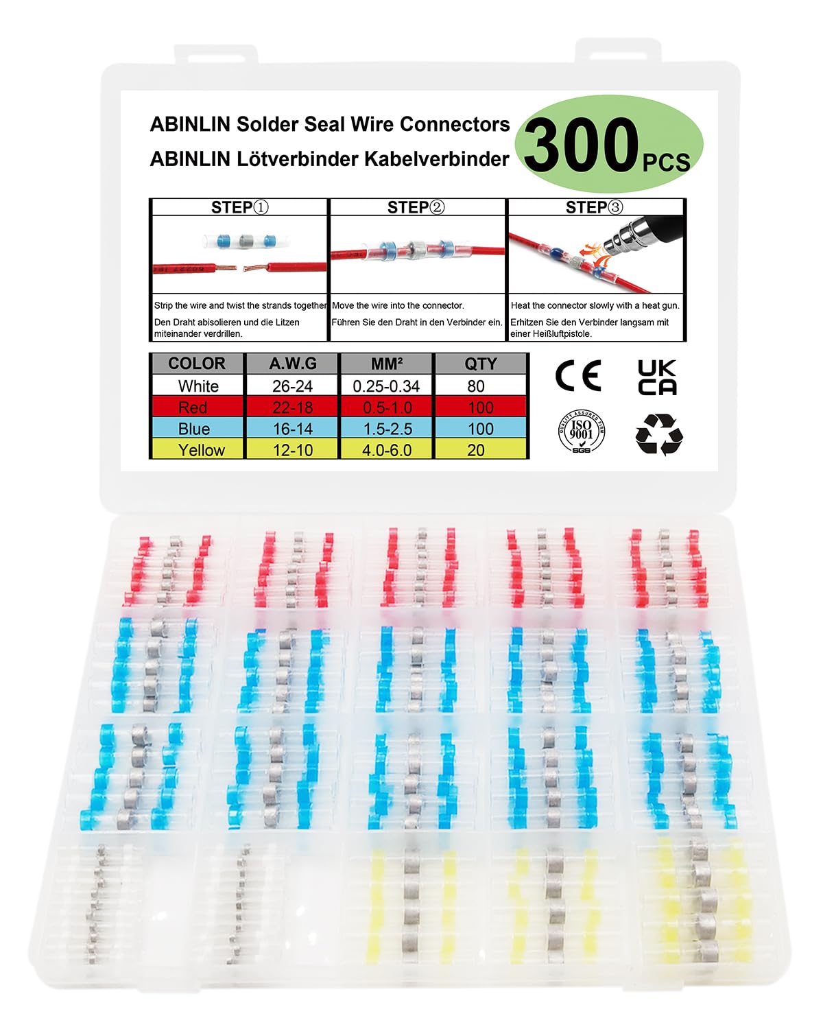 ABINLIN Solder Seal Wire Connectors - Heat Shrink, Waterproof Solder Wire Connector Kit - 300 Pcs