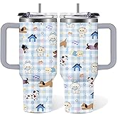 RHONGE Dog Tumbler With Handle And Straw 30 Oz, Blue Puppy Stainless Steel Vacuum Tumbler 30 Oz, Birthday Christmas Graduation Gifts For Women Dog Mom Sister Best Friends, Travel Coffee Insulated Cup