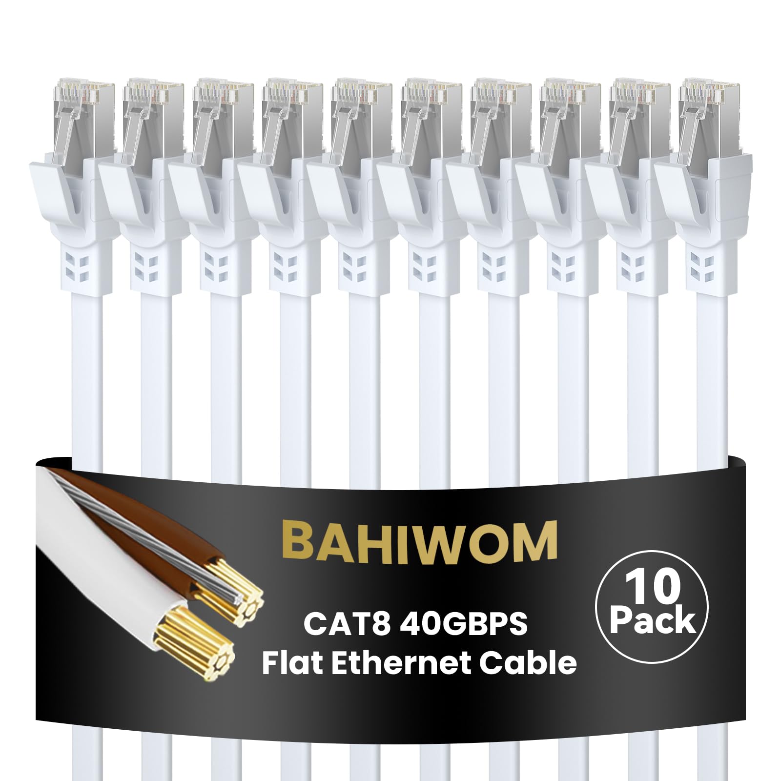 BAHIWOM Cat8 Ethernet Cable 0.5m (10 Pack), 40 Gbit/s 2000 MHz Lan Network Cable Gigabit Patch Cable, Flat Internet Cable Compatible with Router, with Modem, with PC, with Laptop - White