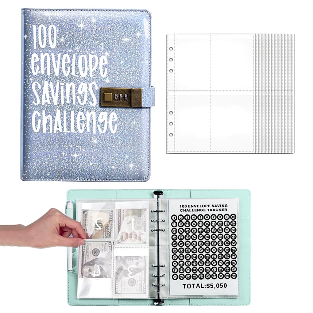 FineInno Money Saving Challenge Book with password 100 challenge cash stuffing envelopes binder Budget Planner Book to Save $5050 money saver challenge book