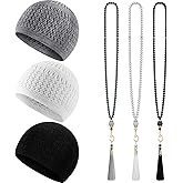 Jiuguva Kufi Hats for Men and Muslim Prayer Beads Set Handicraft Knitted Hat Stretchy Taqiyah Cap and Tasbih Beads
