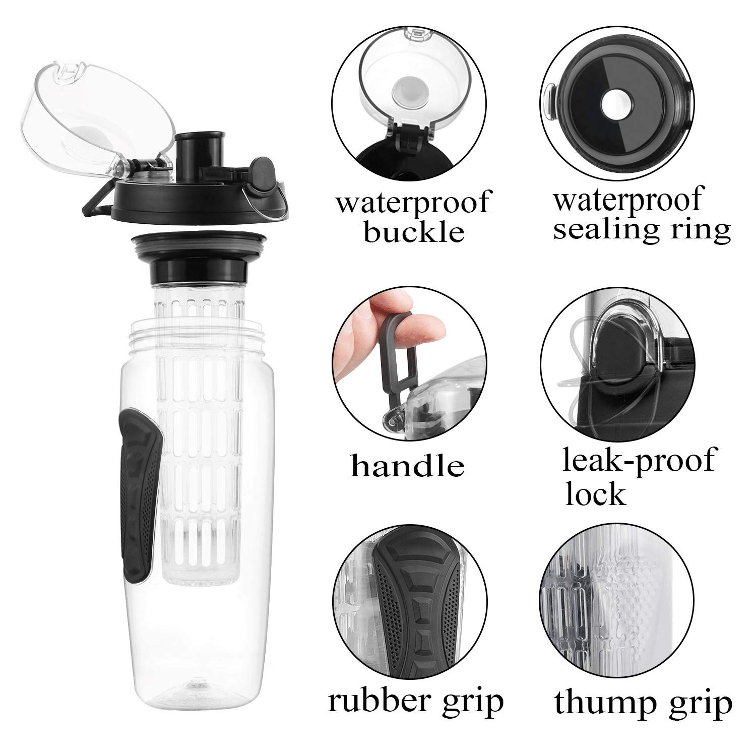 Babacom Wasserflasche Mit Fruchteinsatz 1L/32OZ Trinkflasche Sport mit Infuser Reinigungsbürste Verschluss Tragehenkel für Fruchtsaft BPA-frei Tritan