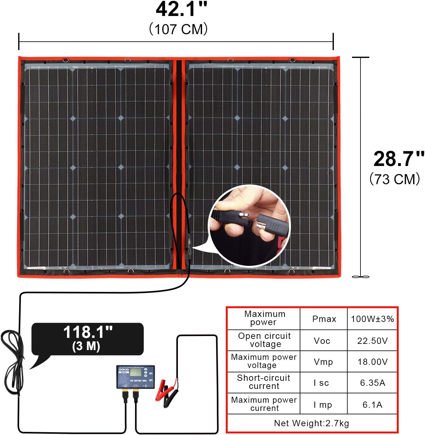 Portable, HIGHEfficiency DOKIO 100W 12V Foldable Solar Panel Kit