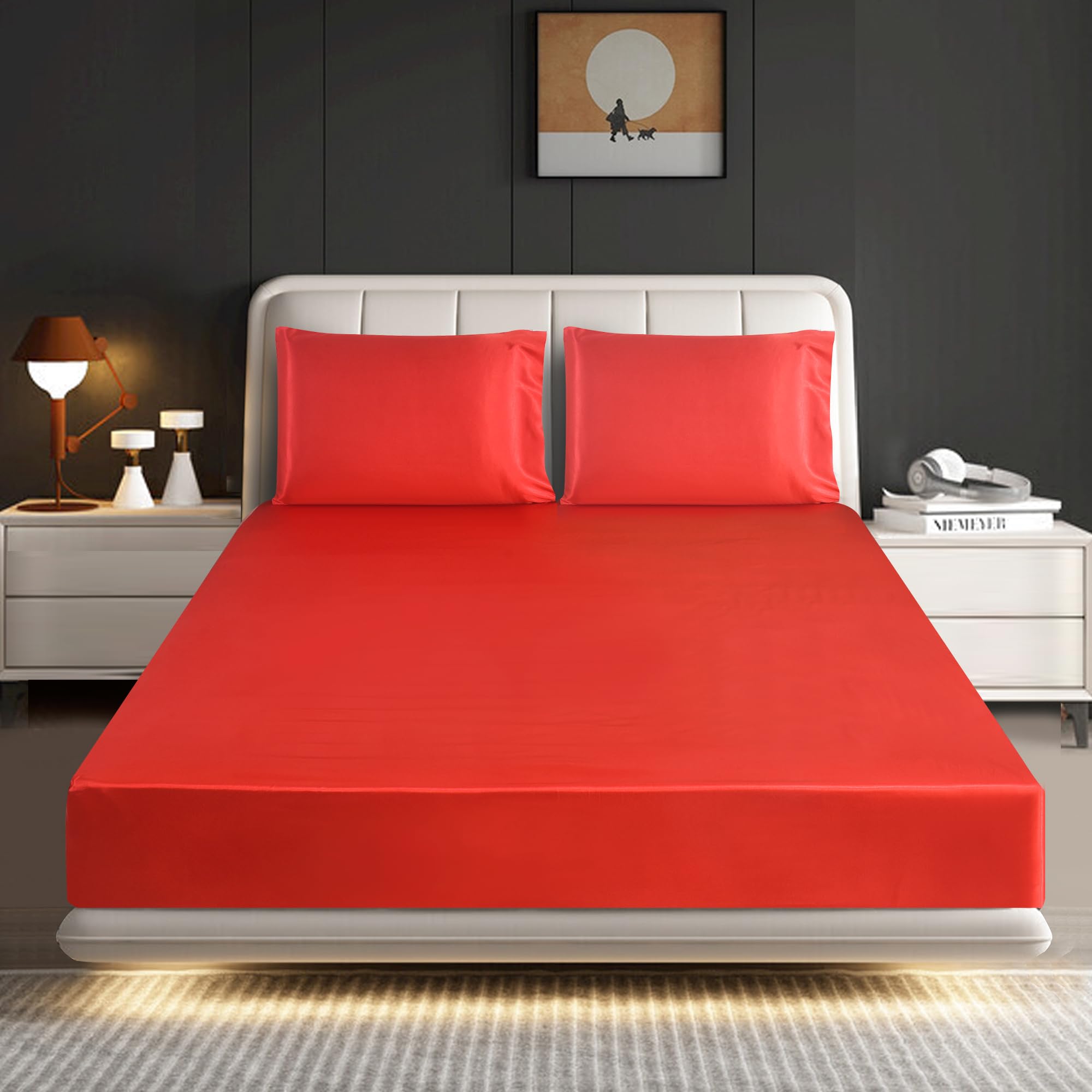 ROOEE Satin Silk Fitted Sheet with Pillowcase Set Breathable Soft Bedding Brushed Fabric Wrinkle, Shrinkage and Fade Resistant Bottom Bed Sheets (RED, King)