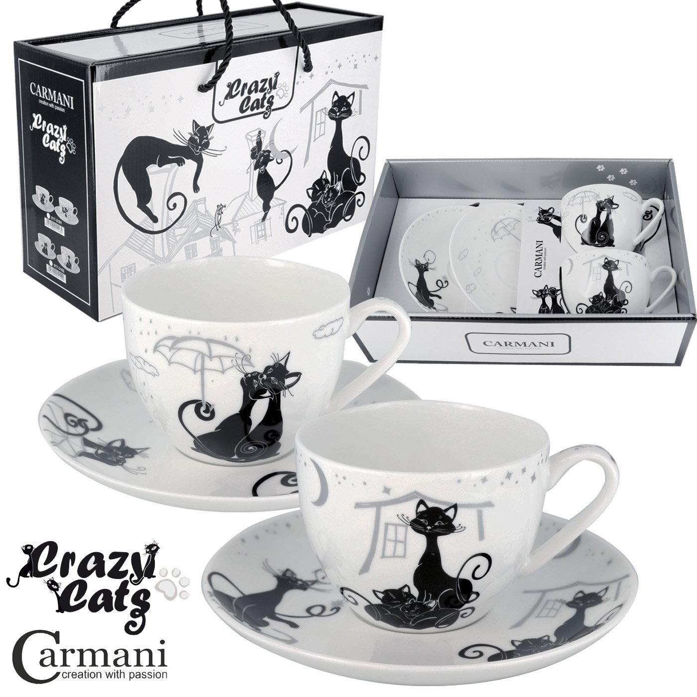 CARMANI - Fancy Tea Cup and Saucer Set of 2 with 'Crazy Cats' 200 ml