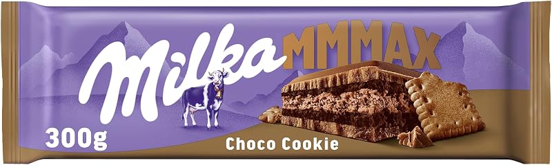 Milka mmmax choco cookie barra grande de chocolate ao leite alpino com camada de biscoito de cacau e camada dupla de recheio de creme de cacau 300g