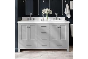 ARIEL 61" Grey Double Bathroom Vanity with Sink, 1.5" Edge Pure White Quartz Countertop & Backsplash, Rectangular Sinks, 4 Soft Closing Doors, 6 Full Extension Dovetail Drawers, Brushed Nickel