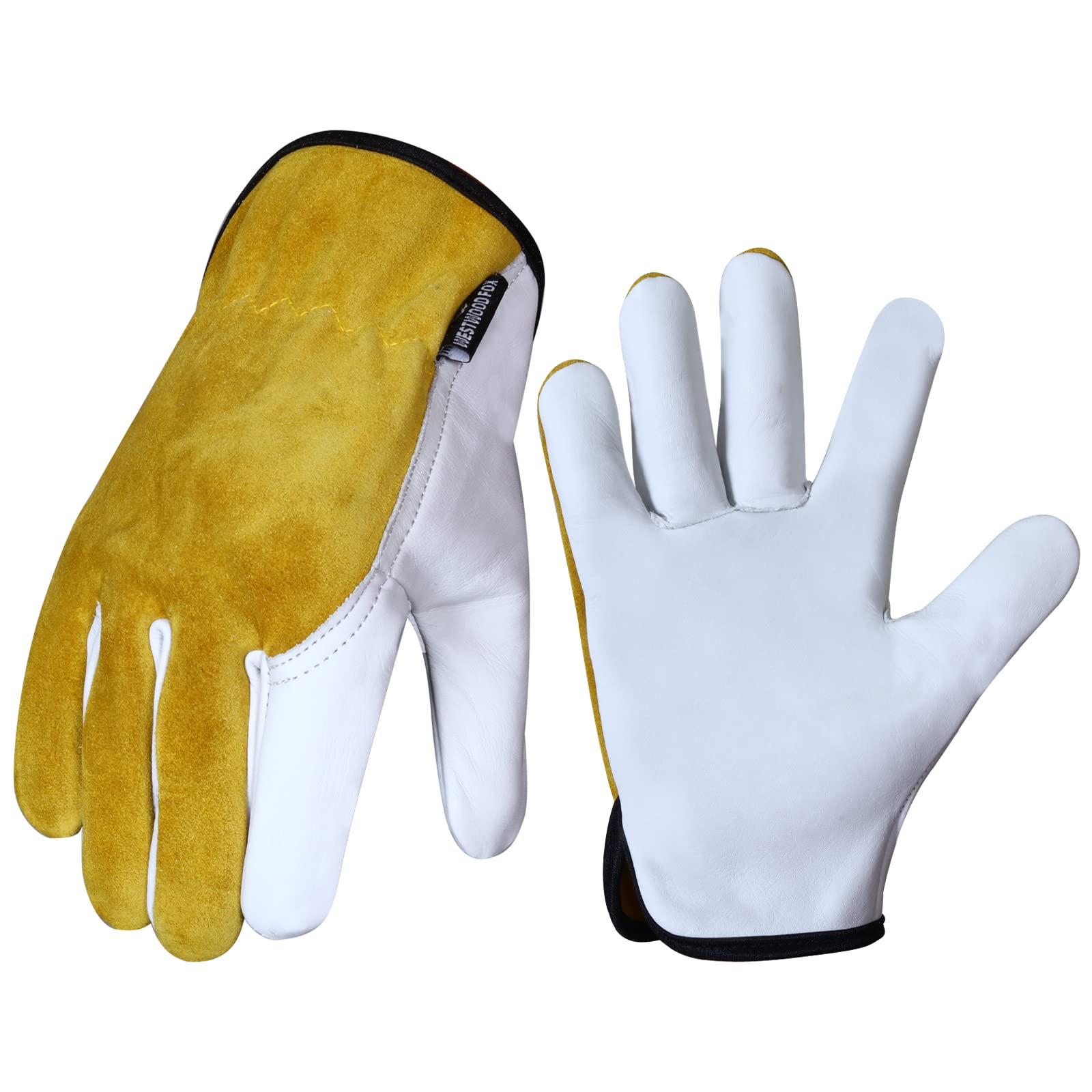 WESTWOOD FOX Gardening Gloves Leather Work Gloves Men Women builders Mechanic Thorn Proof Safety Heavy Duty Working Gloves Garden Rigger Flexible Safety (XL, Yellow/White)