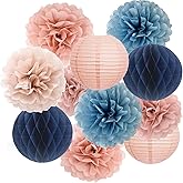 Dusty Pink Blue Hanging Party Decorations with Tissue pom poms and Paper Lantern for Bridal Baby Shower Gender Reveal Birthday Decor Supplies (Dusty blue + Rose gold)