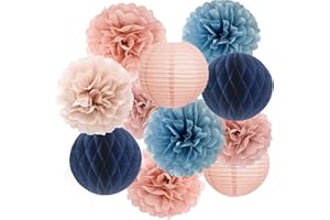 BAMONOS Dusty Pink Blue Hanging Party Decorations with Tissue pom poms and Paper Lantern for Bridal Baby Shower Gender Reveal Birthday Decor Supplies (Dusty blue + Rose gold)