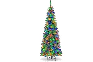 Goplus 6.5FT Pre-lit Slim Pencil Christmas Tree, Artificial Premium Hinged Xmas Fir Tree with 250 LED Lights and Solid Metal 