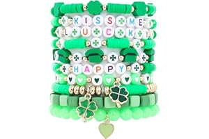 COOLUCKDAY 𝐇𝐞𝐢𝐬𝐡𝐢 𝐁𝐞𝐚𝐝𝐞𝐝 𝐒𝐭𝐫𝐞𝐭𝐜𝐡 𝐁𝐫𝐚𝐜𝐞𝐥𝐞𝐭𝐬 for Women Teen Girls St.Patrick's Day Valentine's Day Christmas Breast Cancer Bracelets Stackable Polymer Clay Beads Bracelets Friendship Boho Bracelets Jewelry Set