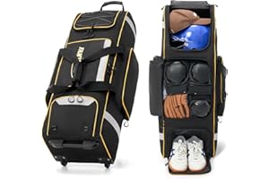 Fanwoli Rolling Baseball Bag with Wheels, Large Softball Catchers Gear Bags for 4 Bats, Separate Shoe Compartment, 3-Sided Safety Reflective Strips, Fence Hooks, Portable T- Ball Bag for Youth & Adult