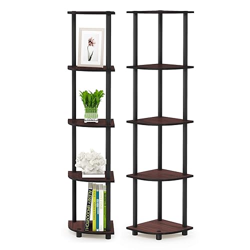 Furinno 2-99811DC Turn-N-Tube 5 Tier Corner Display Rack Multipurpose Shelving Unit, Dark Cherry/Black (Pack of 2)