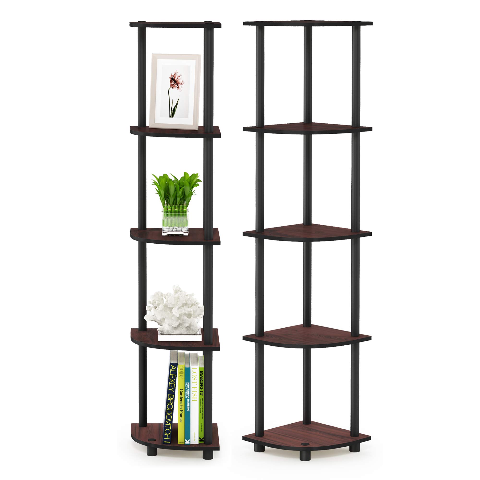 Furinno TURN-N-TUBE Corner Shelf Set of 2, 5-Tier Corner Bookshelf, Open Storage Shelves, for Organization and Storage, Living Room, Home Office, Garage, Dark Cherry