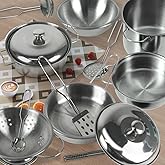 Kids Mini Stainless Steel Cookware Kitchen Cooking Toys Pretend Utensils with SteCookware Play Pots and Pans Playset ,Pot Rack Organizer Storage Bag for Toddlers