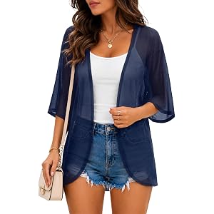 JUEYUN Beach Cover Ups for Women Floral Sheer Mesh Kimono Swimwear Coverup | Lightweight open front coverup with 3/4 sleeves,