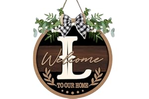 Bolisom Monogram Letter L Front Door Sign, Welcome to Our Home Family Last Name Initial Wooden Hanger Decor Housewarming Wedding Gifts, Farmhouse Rustic Wreath Indoor Wall Hanging Decoration with Bow