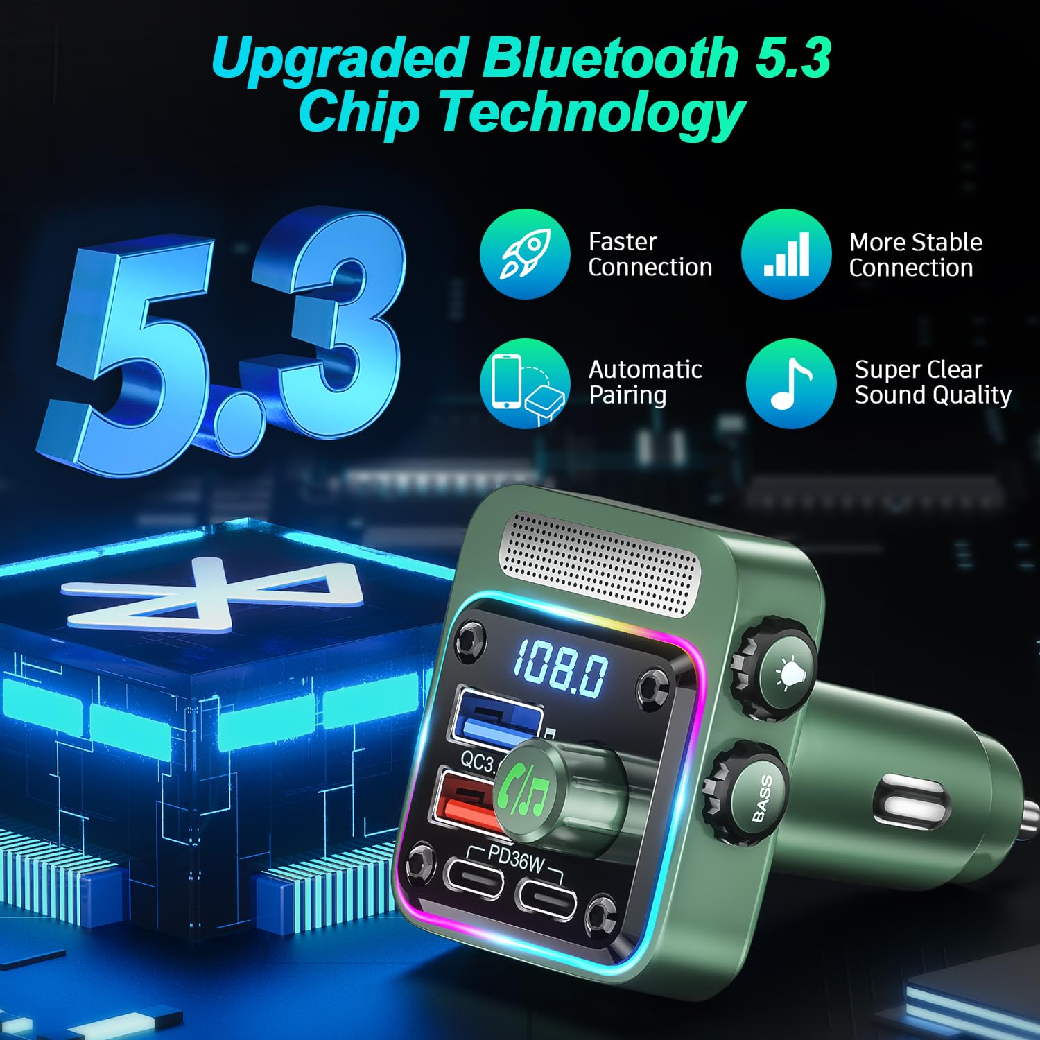 SONRU FM Transmitter Bluetooth 5.3 Adapter Auto, Bass & HiFi Stereo Freisprechanlage Mit [PD 36W & QC 3.0 18W] Schnelles Autoladegerät 3