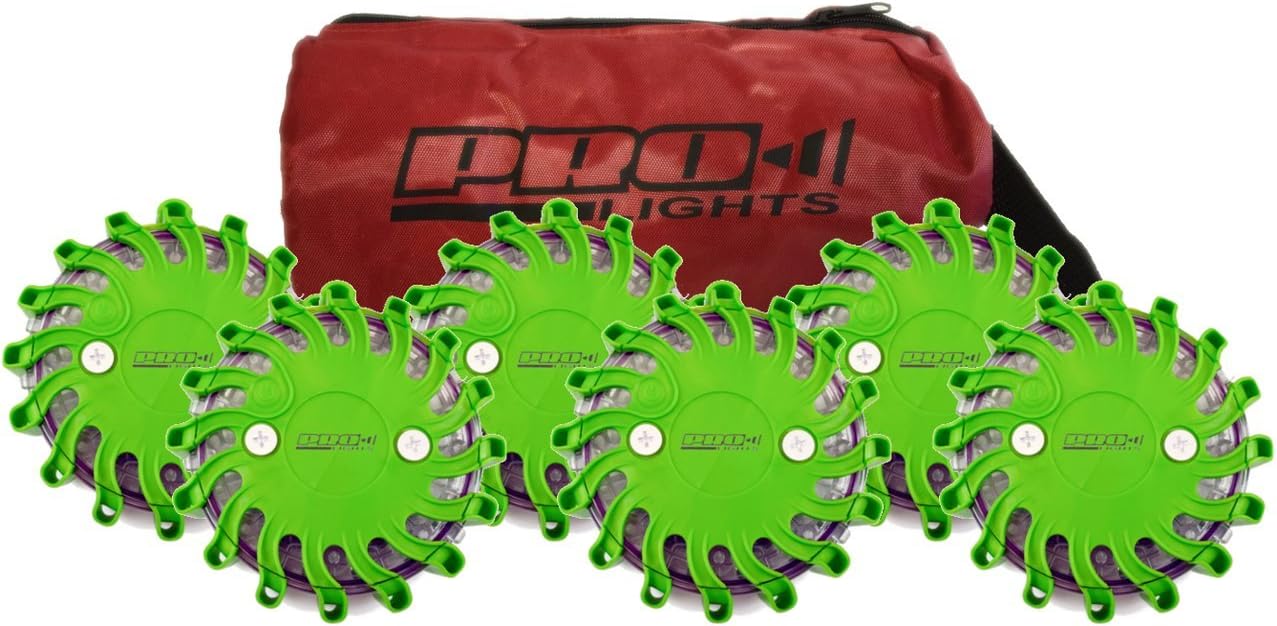 Genuine Pro Lights Green LED Safety Flare 6 Pack with Replaceable Lithium Battery and Travel Bag