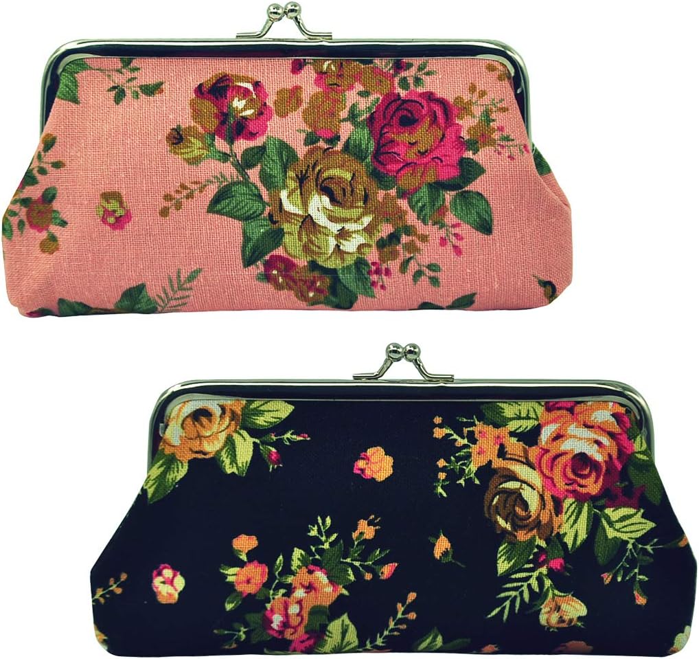 Oyachic 2 Packs Coin Purse Cell Phone Pouch Rose Pattern Clasp Closure Wallet 7.1"L X 3.5" H