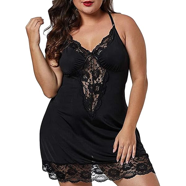 silunma2021 Womens Sexy Plus Size Nightdress Soft Lounge Nightgown Lace  Slip Dress V Neck Sleepwear (Large,Black) at Amazon Women's Clothing store