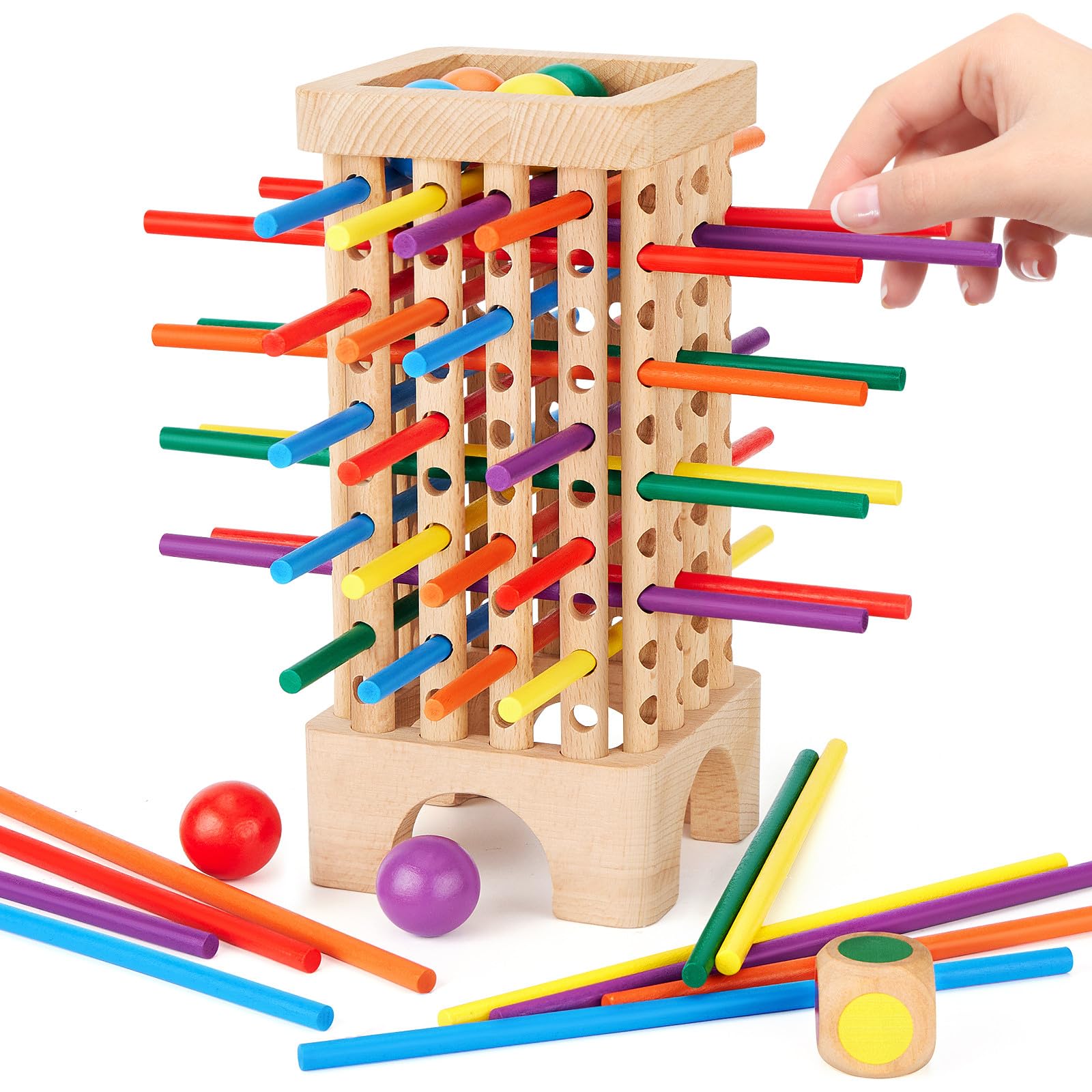 Montessori Game Wooden Board Games, 42 Colorful Sticks Dice Game Math Learning Toys for 3 4 5 6 Year Olds, Builds Fine Motor Skills & Counting, Family Travel Games for 3 Year Olds Gift for Kids