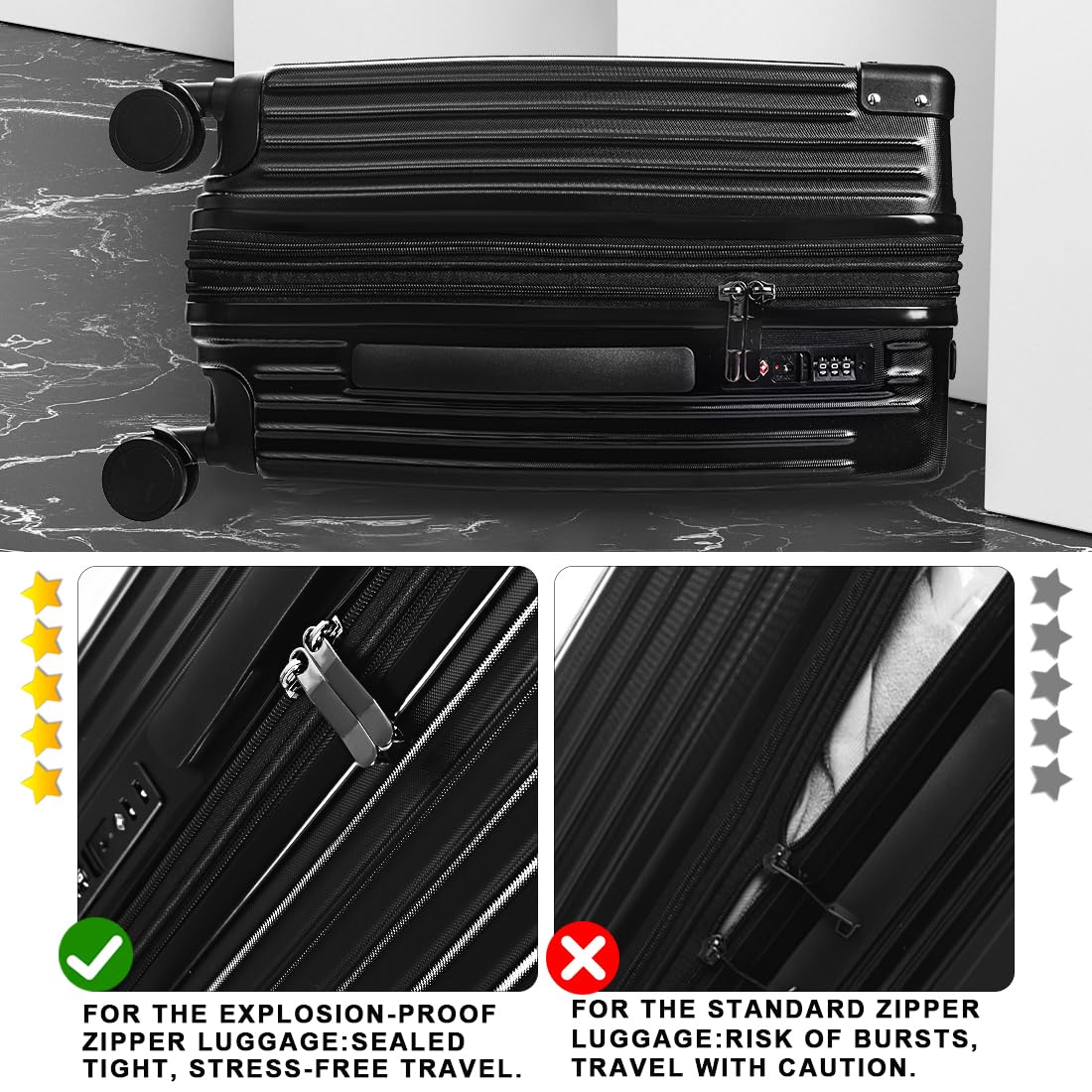 SONSENAI 3-Piece Expandable Luggage Set Suitcase in Classic Black -Double Wheel Stability & Secure TSA Locks(20in24in28in)