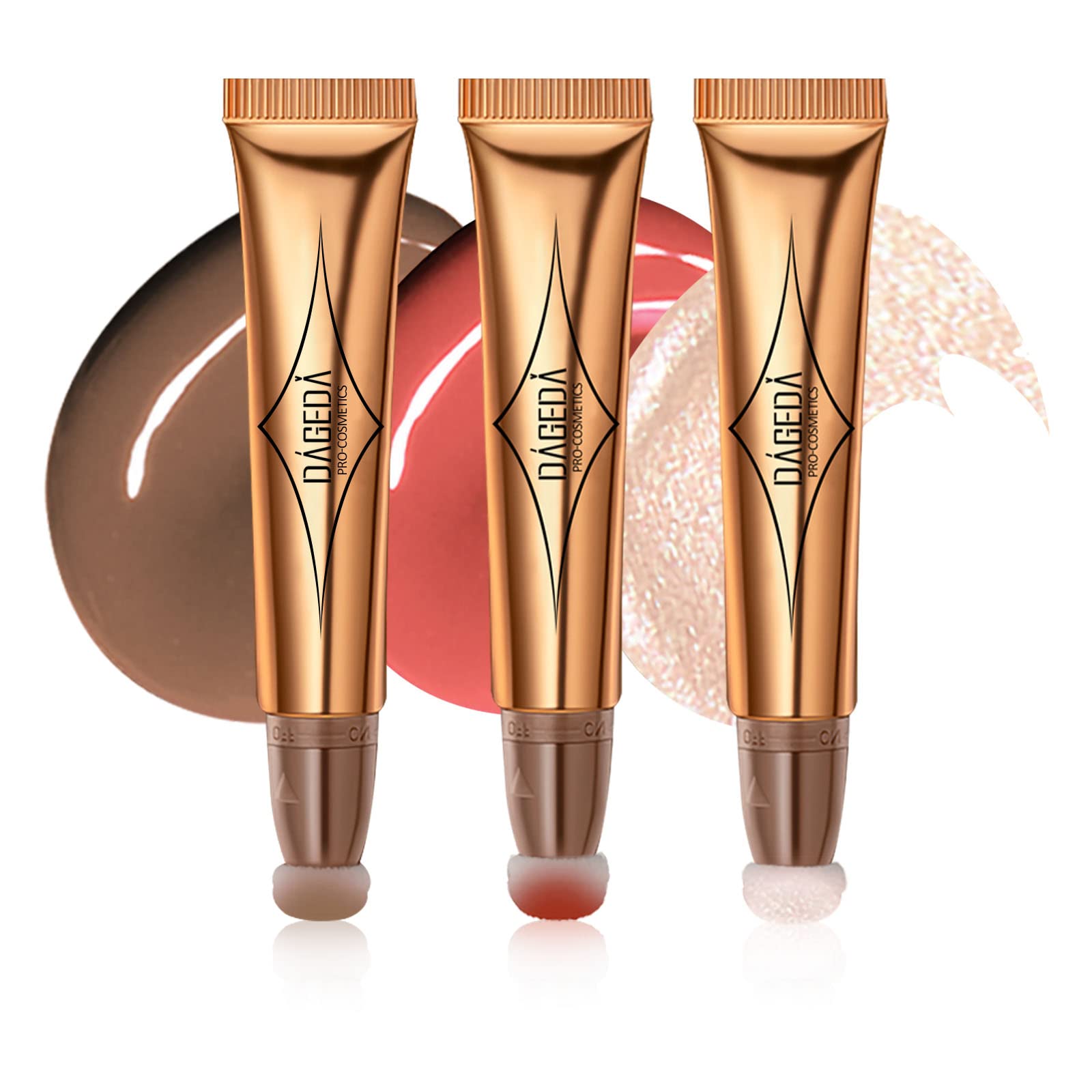 Prreal 3PCS Contour Highlighter Blush Beauty Wand with Soft Cushion Applicator, Smooth Creamy Matte Liquid Concealer Blush Highlighter Stick, Shimmer Long Lasting Body Face Pen for Makeup(01+03+04)