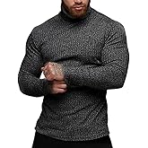 TURETRENDY Men's Stretch Muscle Tshirts Turtleneck Long Sleeve Knit Tees Casual Slim Fit Basic Shirt Tops