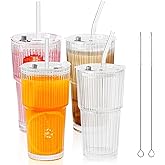 4 Pack 20 Oz Glass Cups with Lids and Straws Iced Coffee Cups Vintage Ribbed Glassware for Beer Ice Coffee Fruit Juice Elegant Aesthetic Cup Glass Iced Coffee Tumbler Include 2 Cleaning Brushes