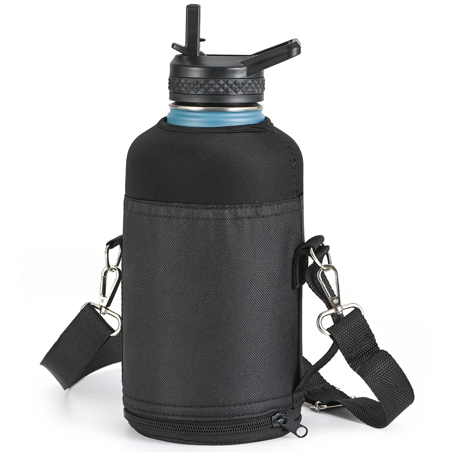 Photo 1 of RAYMYLO Water Bottle Holder Carrier Bag Crossbody with Adjustable Shoulder Strap, 64 128 oz Sports Water Bottle Sleeve Accessories for Biking Hiking Travelling Camping, Black
