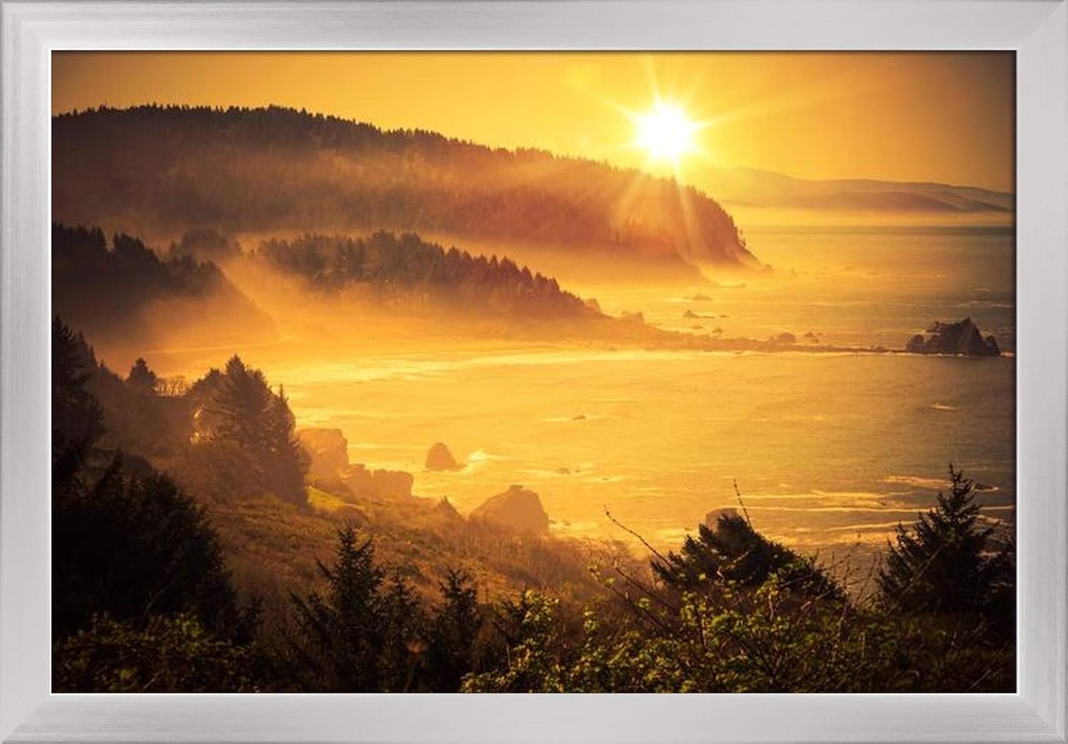 Golden California Coastal Sunset with Misty Fog 9016032 (24x16 Giclee Art Print, Gallery Framed, Silver Wood)