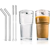 20oz Glass Tumblers with Lids and Straws - Stylish Vintage Ribbed Design for Iced Coffee, Juice, Smoothies, Milkshakes, Cold Beverages & Whiskey Cocktail Beer - Includes Cleaning Brush (2pack-Frosted)