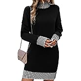 HEBELD Color Block Sweater Dress for Women Mini - Long Sleeve, Mock Neck, Short Knit Dresses, Casual Fall Dresses