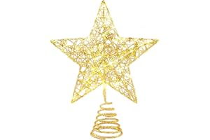 THAISU Christmas Star Tree Topper, Lighted Christmas Tree Topper, Hollow Gold Lighted Tree Star, LED Light up Xmas Tree Topper, Christmas Tree Decorations (Gold, 17cm*10cm*10cm)