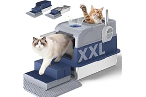 Cityflee Stainless Steel Litter Box with Lid, XXL Top Entry Extra Large Litter Box Enclosure for Kitty & Big Cats, Non-Stick Metal Cat Pan with Dual Storage Footboard, Trapping Mat & Scoop Included