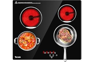 TOPWISH 24 Inch Electric Cooktop 4 Burners, Built-in Ceramic Cooktop, 6000W Radiant Electric Stove Top with Touch Control, Timer, Safety Lock, 220-240v, Hard Wired