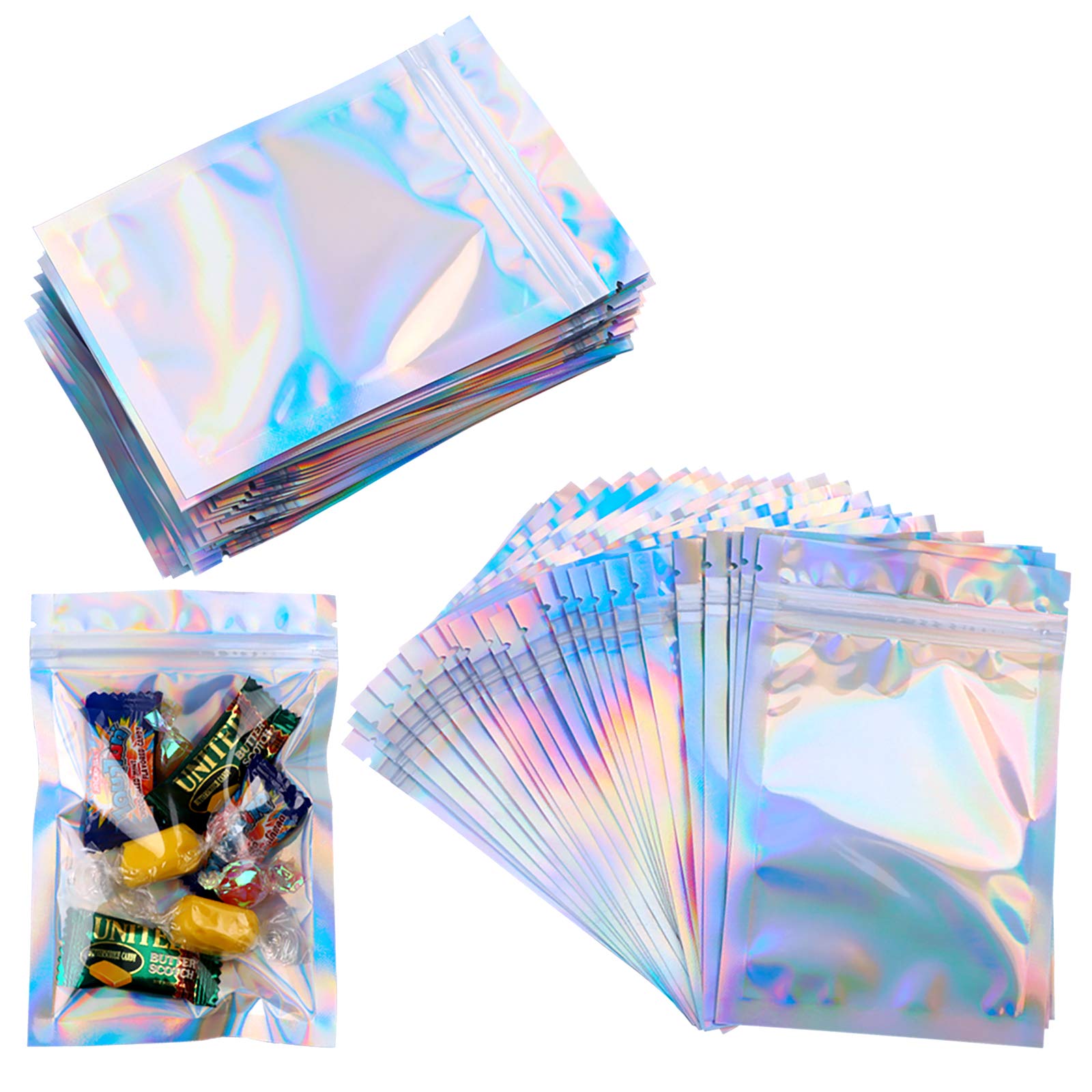 Mylar Zip Lock Bags - 100 Pcs Clear Golden Resealable Aluminum Foil Metallic Flat Ziplock Food Storage Bags, Valve Zipper Pouches for Candy Cookies (8.5 * 13cm)